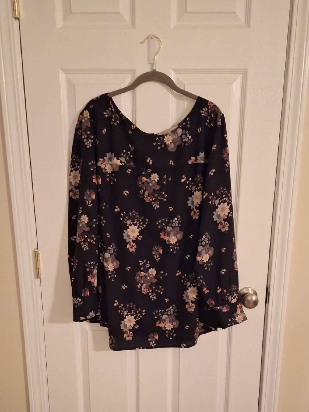 LOFT Black Floral Long-Sleeve Blouse with Cream & Pink Accents